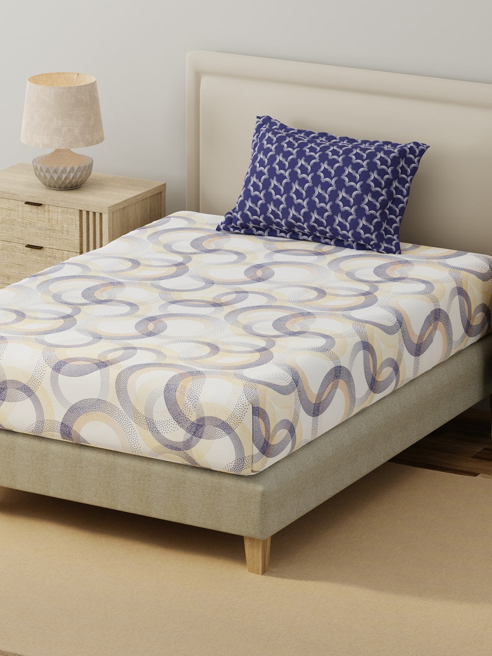 BasicX 100% Cotton 120 TC Blue & White Geometric Single Bedsheet with 1 Pillow Cover