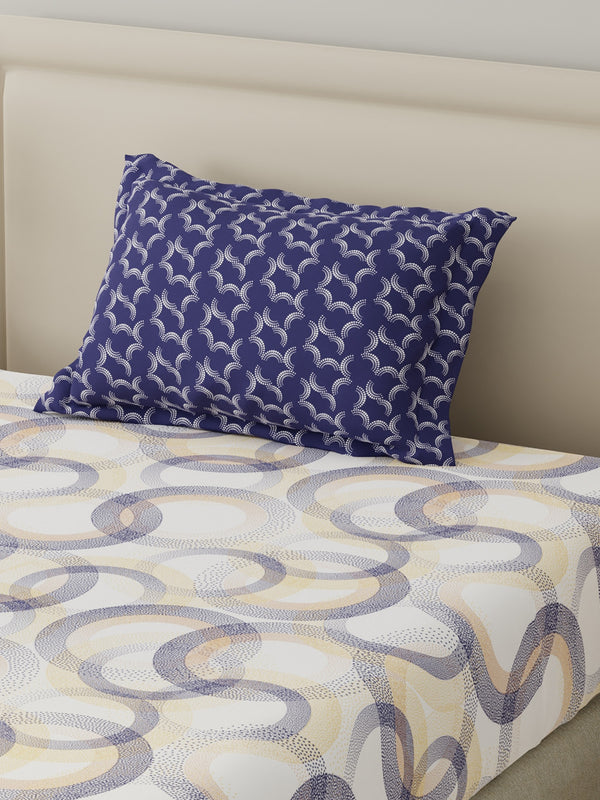 BasicX 100% Cotton 120 TC Blue & White Geometric Single Bedsheet with 1 Pillow Cover