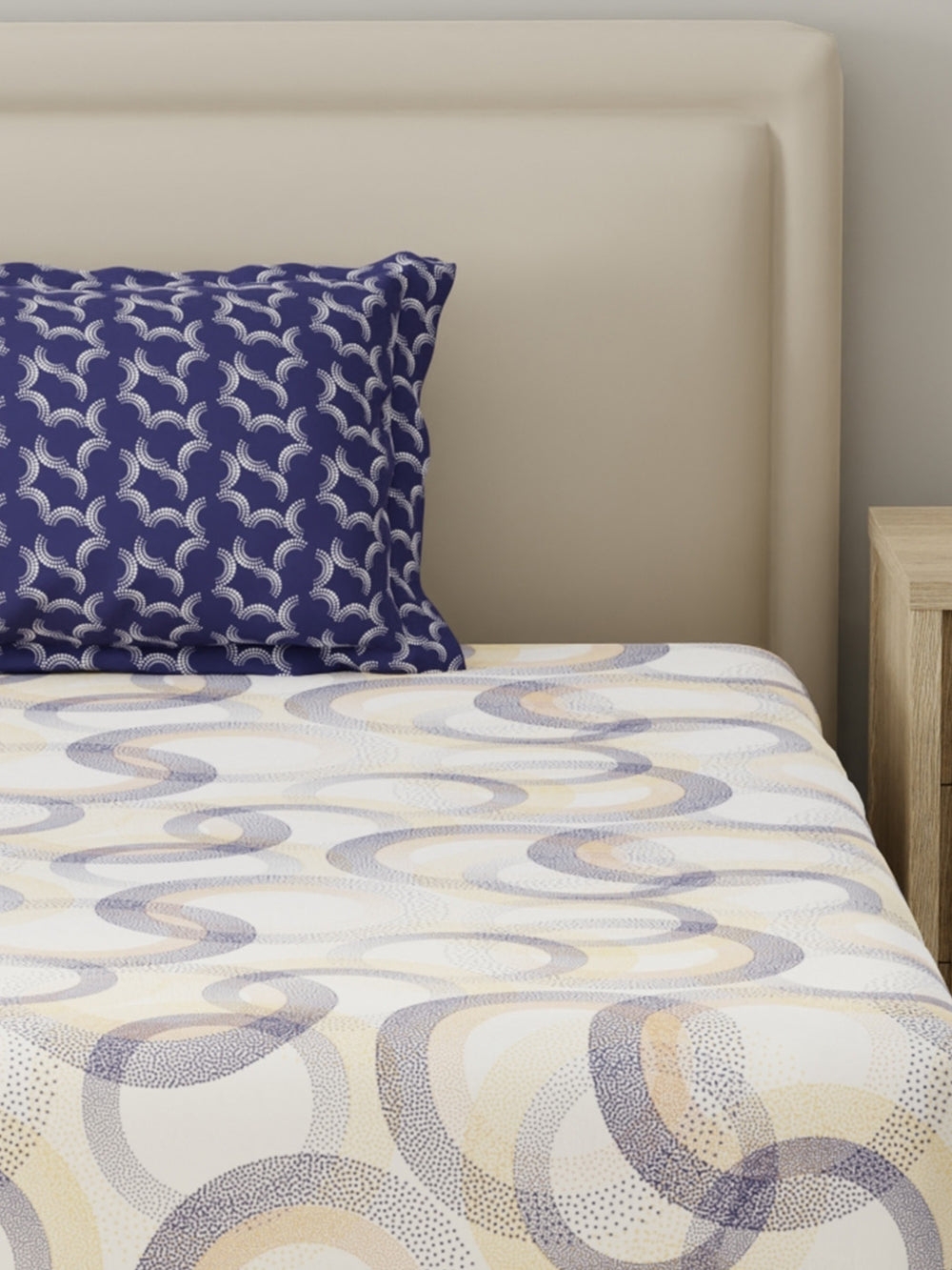 BasicX 100% Cotton 120 TC Blue & White Geometric Single Bedsheet with 1 Pillow Cover