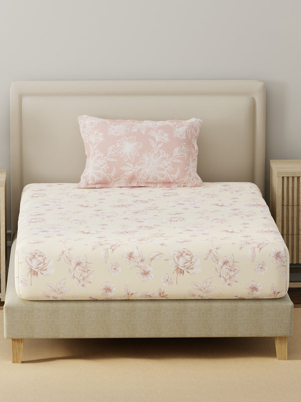 BasicX 100% Cotton 120 TC Cream & Pink Floral Single Bedsheet with 1 Pillow Cover