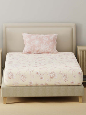 BasicX 100% Cotton 120 TC Cream & Pink Floral Single Bedsheet with 1 Pillow Cover