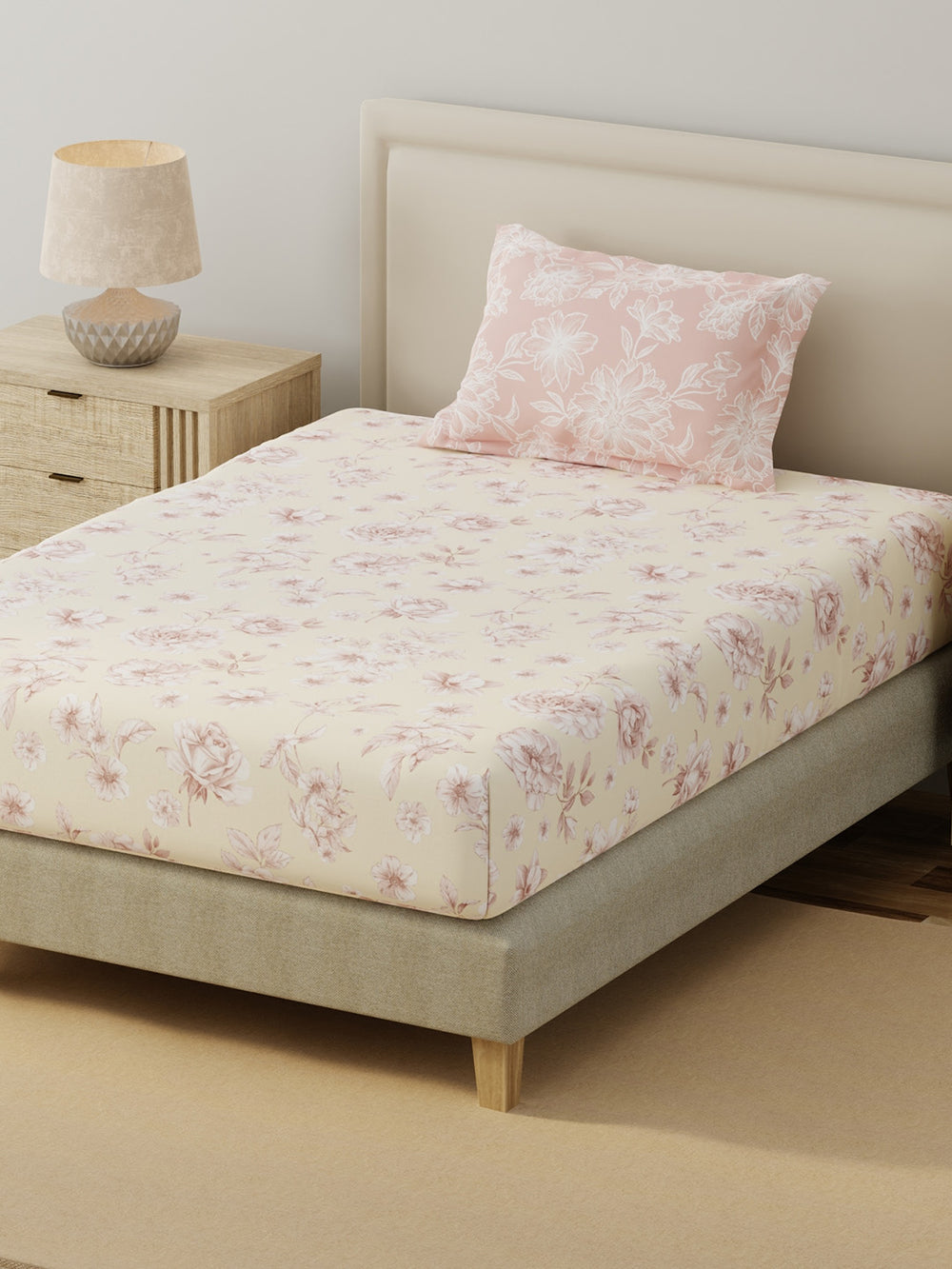 BasicX 100% Cotton 120 TC Cream & Pink Floral Single Bedsheet with 1 Pillow Cover