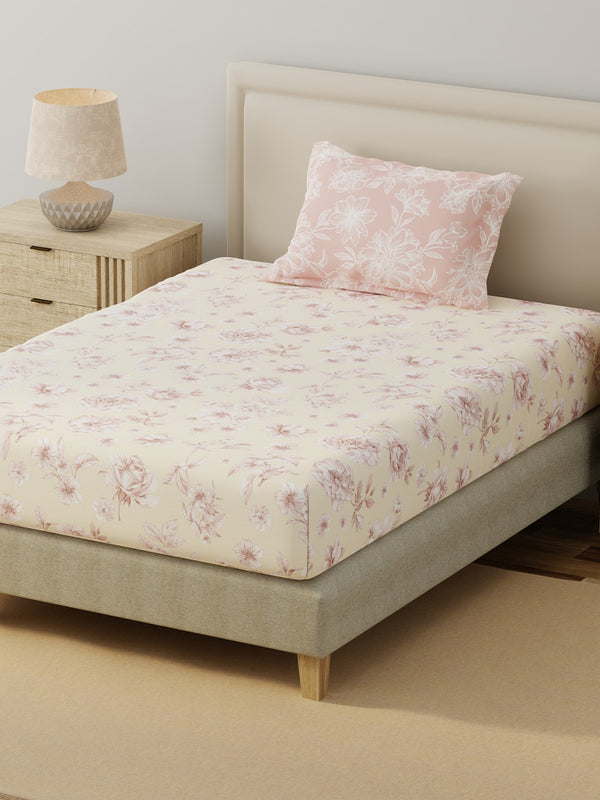 BasicX 100% Cotton 120 TC Cream & Pink Floral Single Bedsheet with 1 Pillow Cover