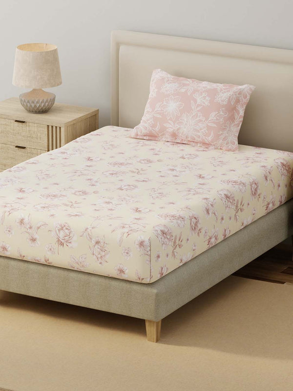 BasicX 100% Cotton 120 TC Cream & Pink Floral Single Bedsheet with 1 Pillow Cover