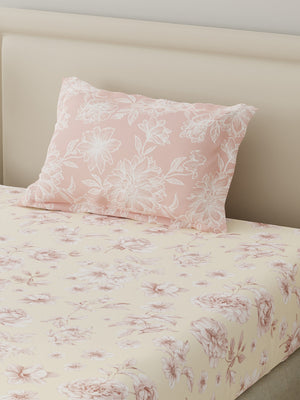 BasicX 100% Cotton 120 TC Cream & Pink Floral Single Bedsheet with 1 Pillow Cover