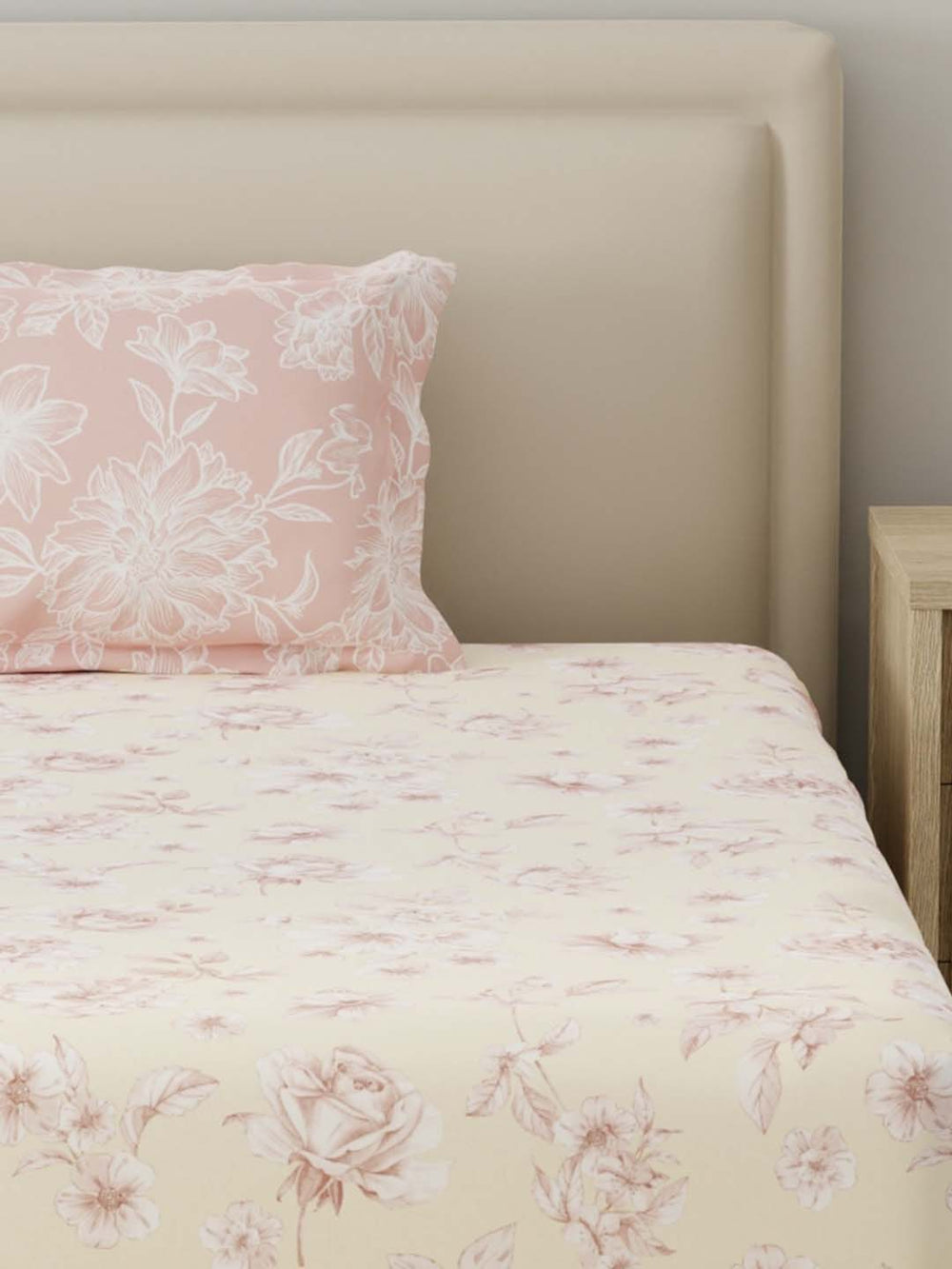 BasicX 100% Cotton 120 TC Cream & Pink Floral Single Bedsheet with 1 Pillow Cover