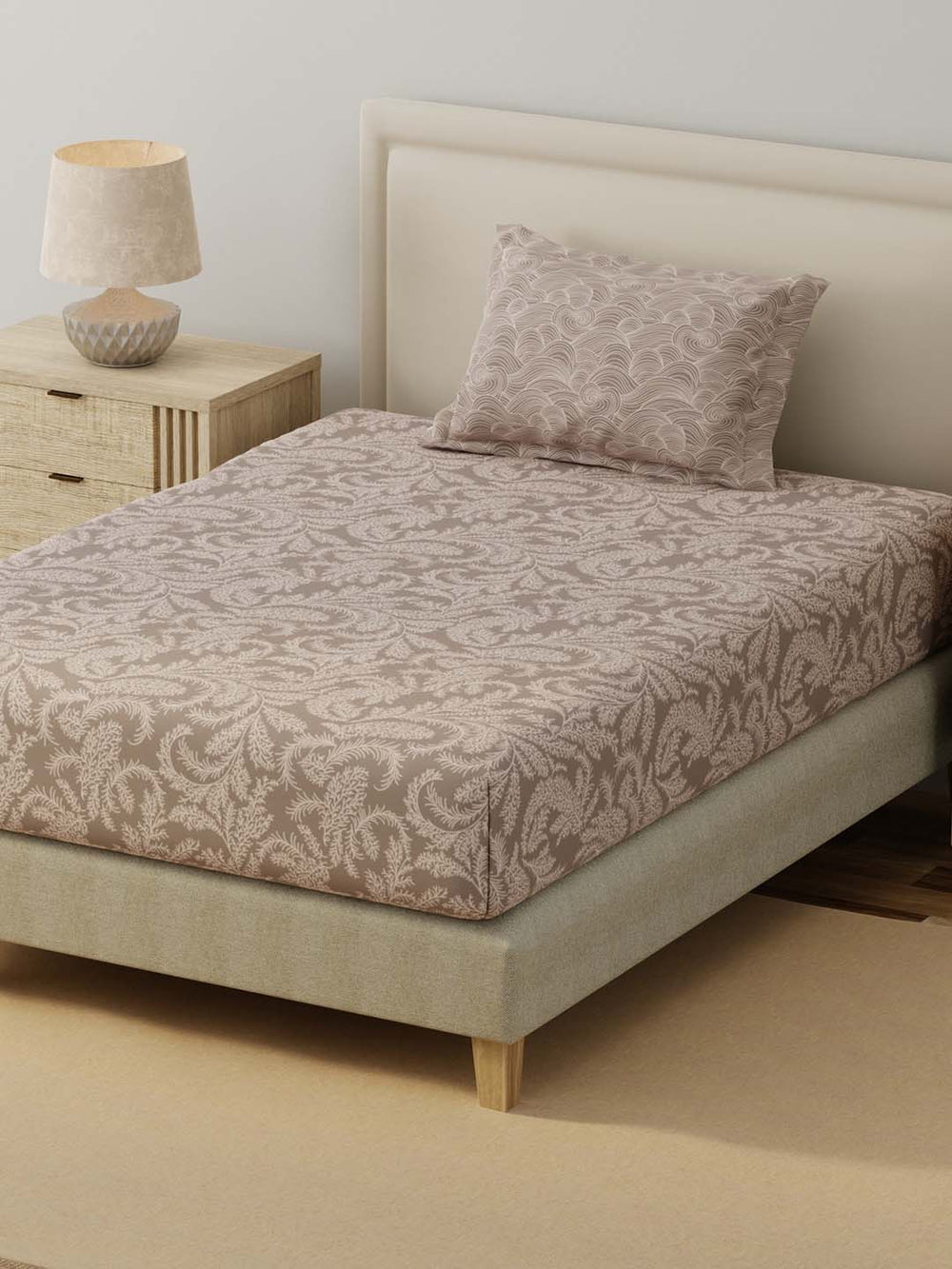 BasicX 100% Cotton 120 TC Beige Printed Single Bedsheet with 1 Pillow Cover