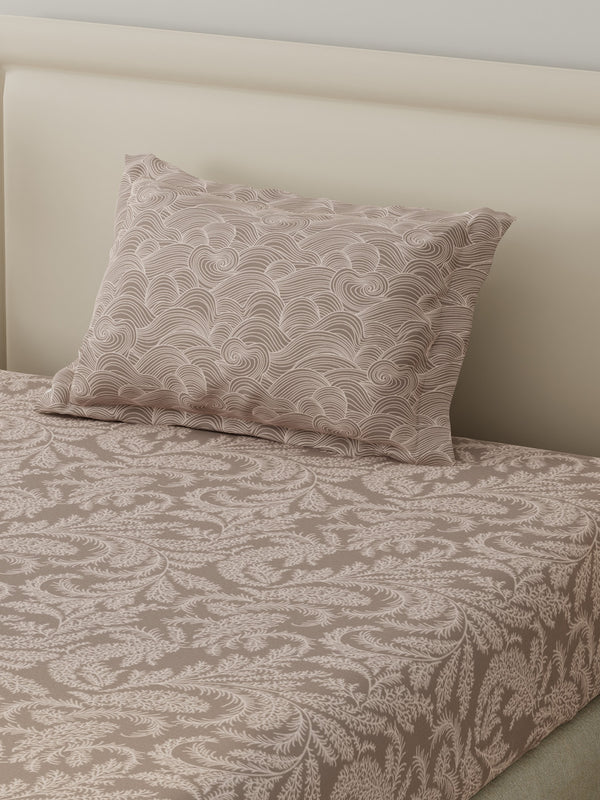 BasicX 100% Cotton 120 TC Beige Printed Single Bedsheet with 1 Pillow Cover