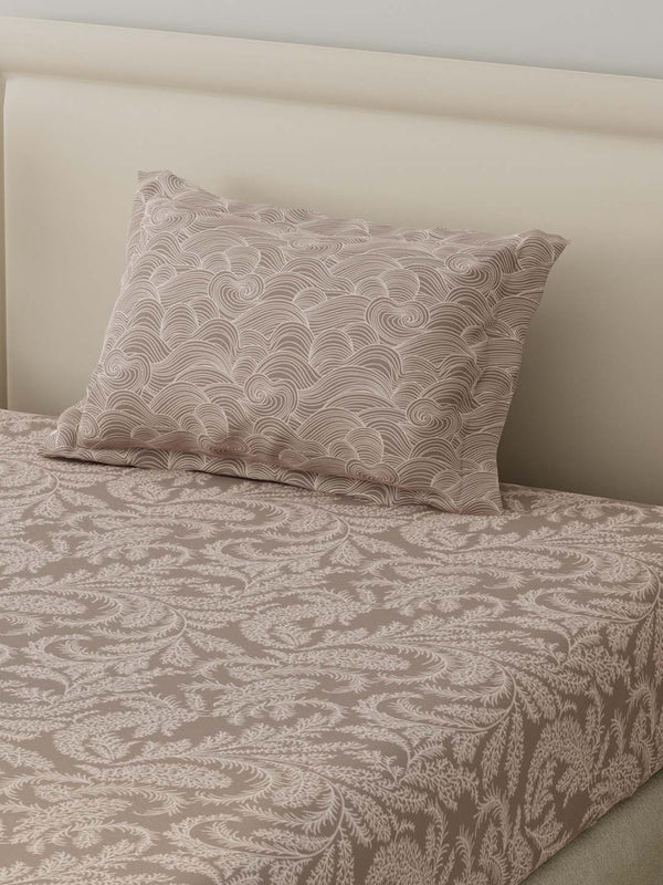 BasicX 100% Cotton 120 TC Beige Printed Single Bedsheet with 1 Pillow Cover