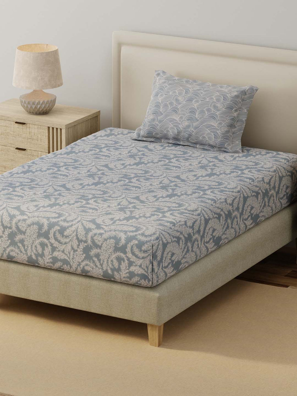 BasicX 100% Cotton 120 TC Grey Printed Single Bedsheet with 1 Pillow Cover