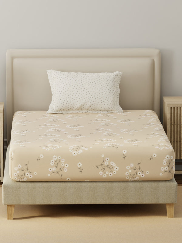 BasicX 100% Cotton 120 TC Cream Floral Single Bedsheet with 1 Pillow Cover