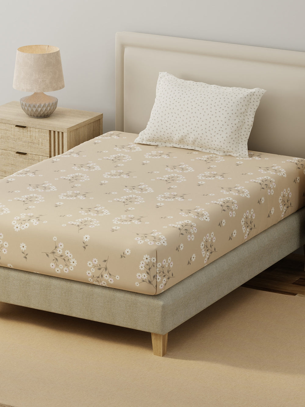 BasicX 100% Cotton 120 TC Cream Floral Single Bedsheet with 1 Pillow Cover