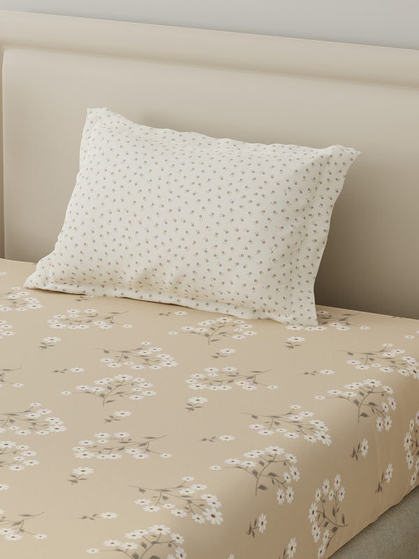 BasicX 100% Cotton 120 TC Cream Floral Single Bedsheet with 1 Pillow Cover