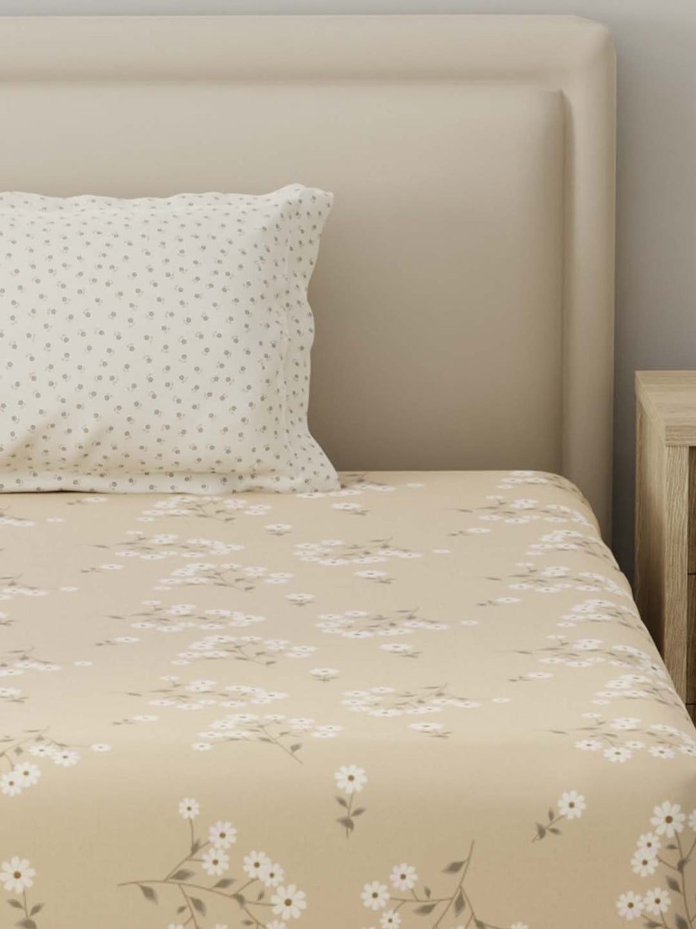 BasicX 100% Cotton 120 TC Cream Floral Single Bedsheet with 1 Pillow Cover