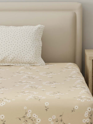BasicX 100% Cotton 120 TC Cream Floral Single Bedsheet with 1 Pillow Cover