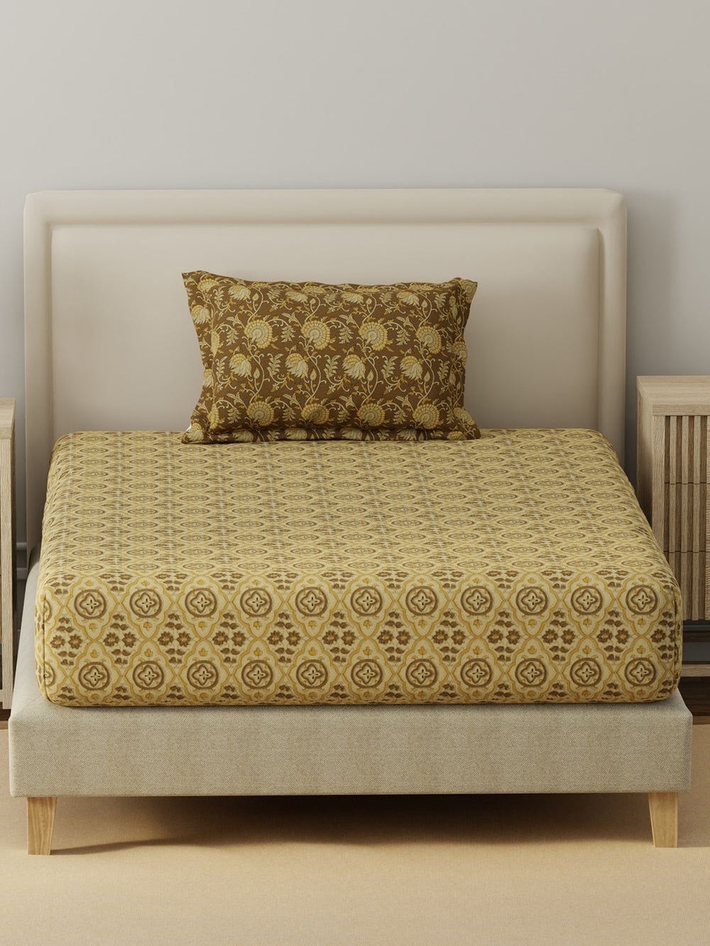 BasicX 100% Cotton 120 TC Brown Printed Single Bedsheet with 1 Pillow Cover