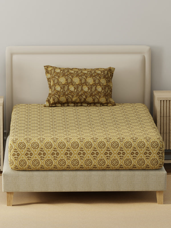 BasicX 100% Cotton 120 TC Brown Printed Single Bedsheet with 1 Pillow Cover