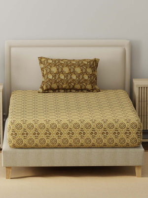 BasicX 100% Cotton 120 TC Brown Printed Single Bedsheet with 1 Pillow Cover