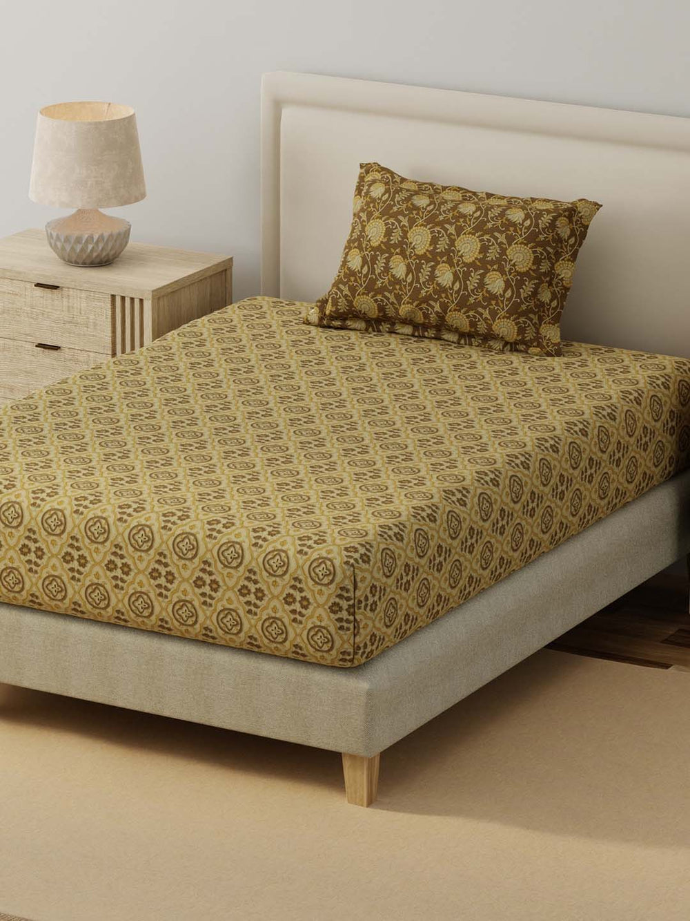 BasicX 100% Cotton 120 TC Brown Printed Single Bedsheet with 1 Pillow Cover