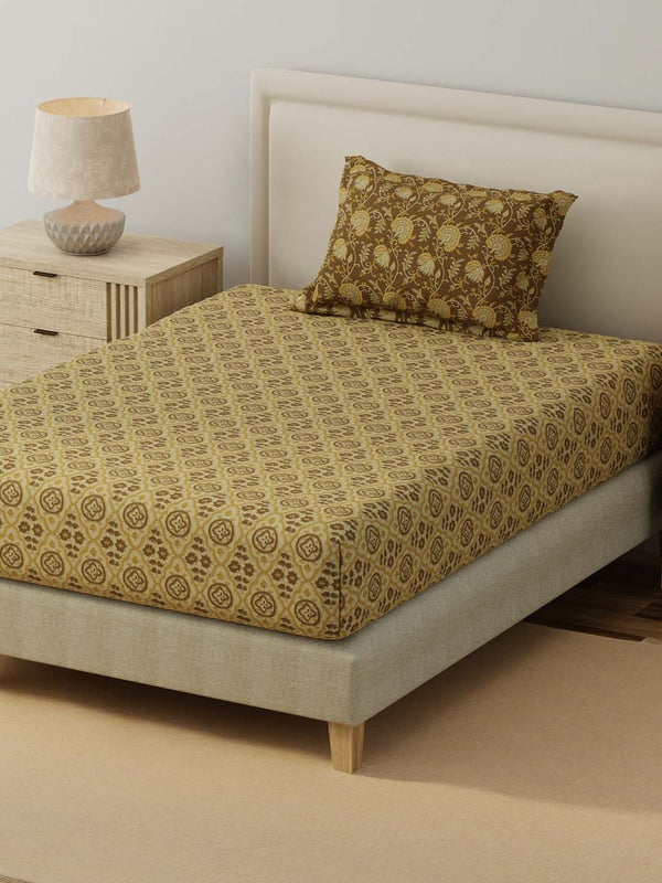 BasicX 100% Cotton 120 TC Brown Printed Single Bedsheet with 1 Pillow Cover