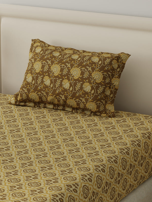 BasicX 100% Cotton 120 TC Brown Printed Single Bedsheet with 1 Pillow Cover
