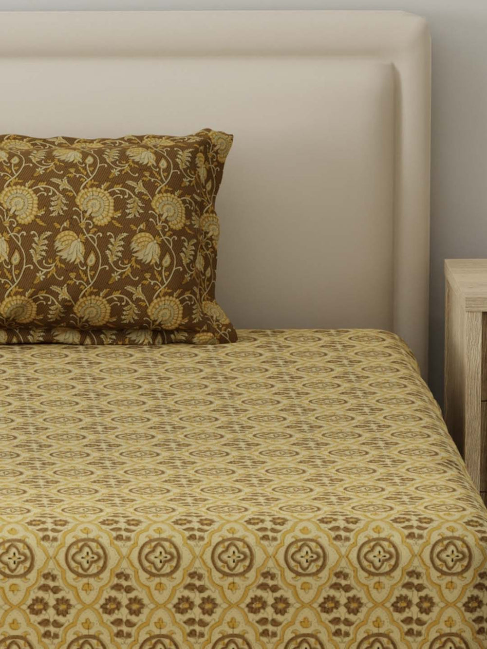 BasicX 100% Cotton 120 TC Brown Printed Single Bedsheet with 1 Pillow Cover