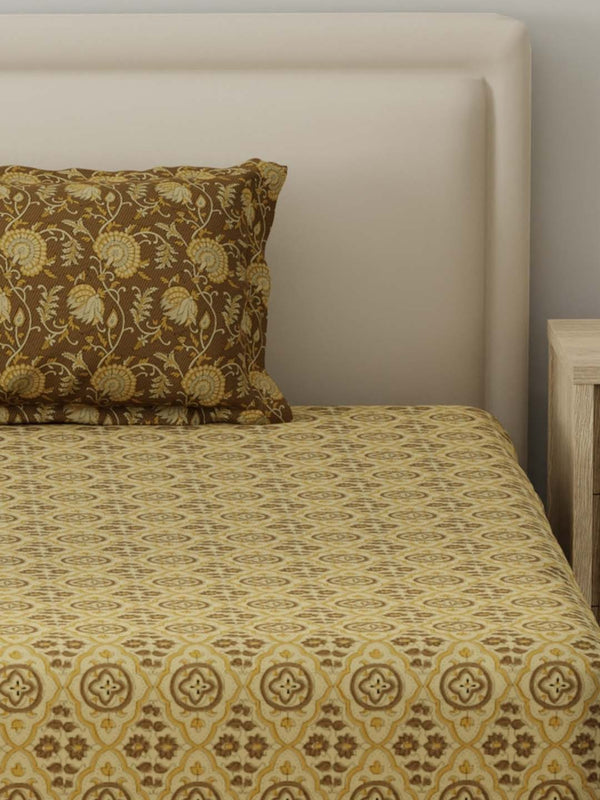 BasicX 100% Cotton 120 TC Brown Printed Single Bedsheet with 1 Pillow Cover