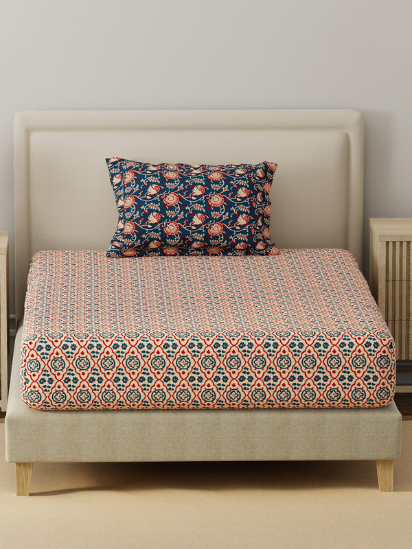 BasicX 100% Cotton 120 TC Blue Printed Single Bedsheet with 1 Pillow Cover