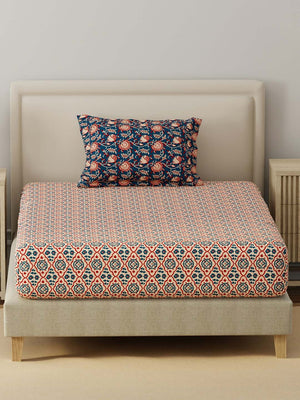 BasicX 100% Cotton 120 TC Blue Printed Single Bedsheet with 1 Pillow Cover