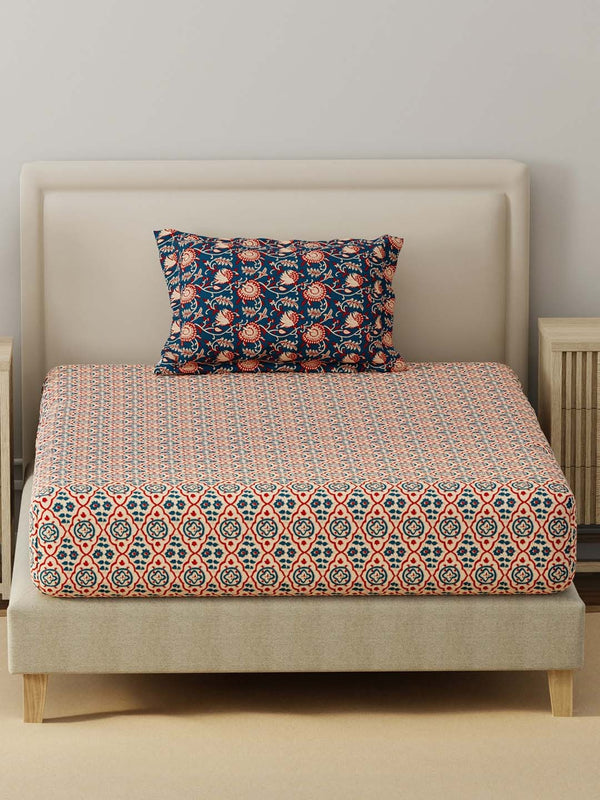 BasicX 100% Cotton 120 TC Blue Printed Single Bedsheet with 1 Pillow Cover