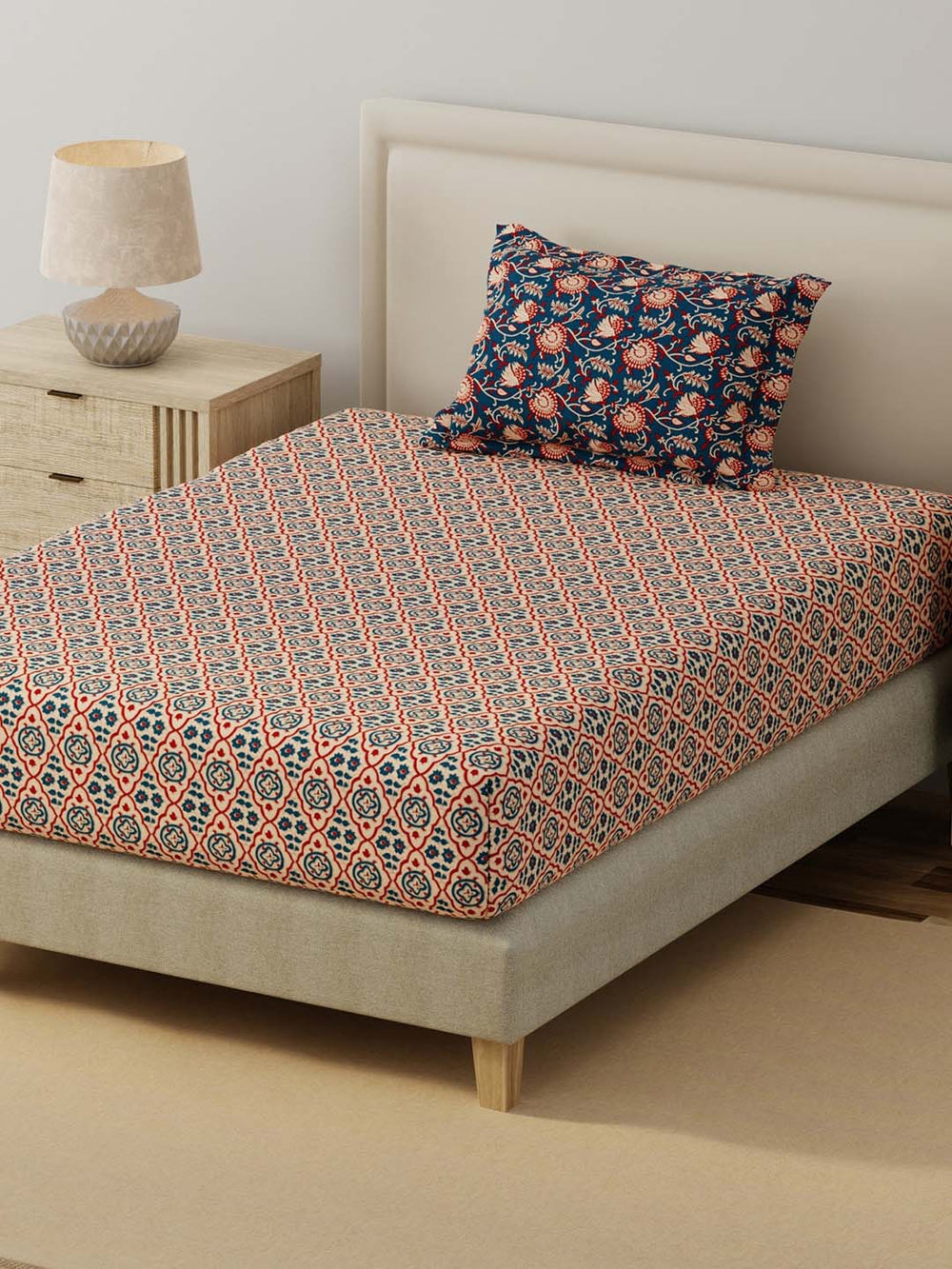 BasicX 100% Cotton 120 TC Blue Printed Single Bedsheet with 1 Pillow Cover