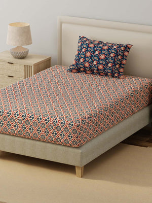 BasicX 100% Cotton 120 TC Blue Printed Single Bedsheet with 1 Pillow Cover
