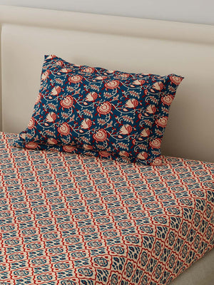 BasicX 100% Cotton 120 TC Blue Printed Single Bedsheet with 1 Pillow Cover
