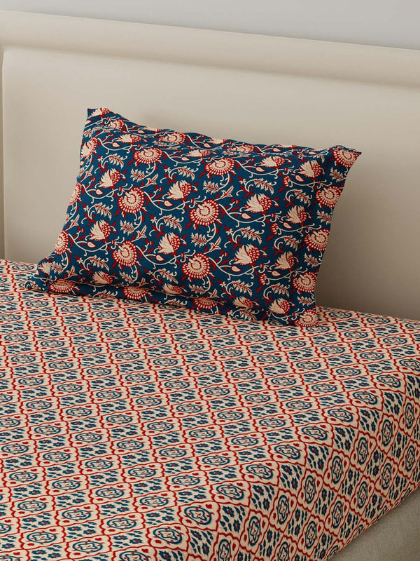 BasicX 100% Cotton 120 TC Blue Printed Single Bedsheet with 1 Pillow Cover