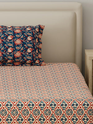 BasicX 100% Cotton 120 TC Blue Printed Single Bedsheet with 1 Pillow Cover