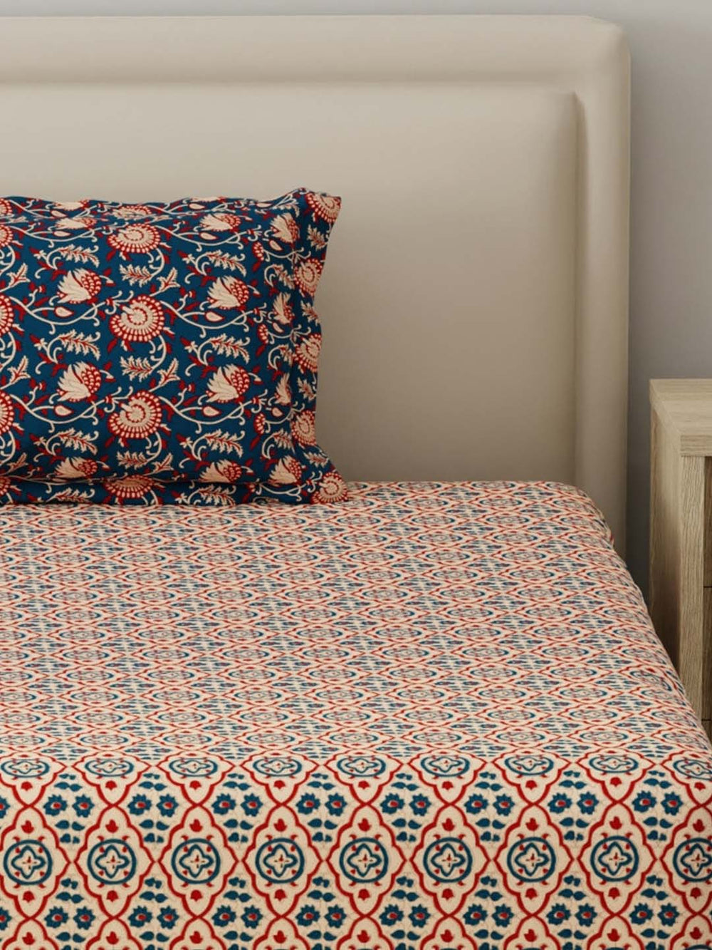 BasicX 100% Cotton 120 TC Blue Printed Single Bedsheet with 1 Pillow Cover