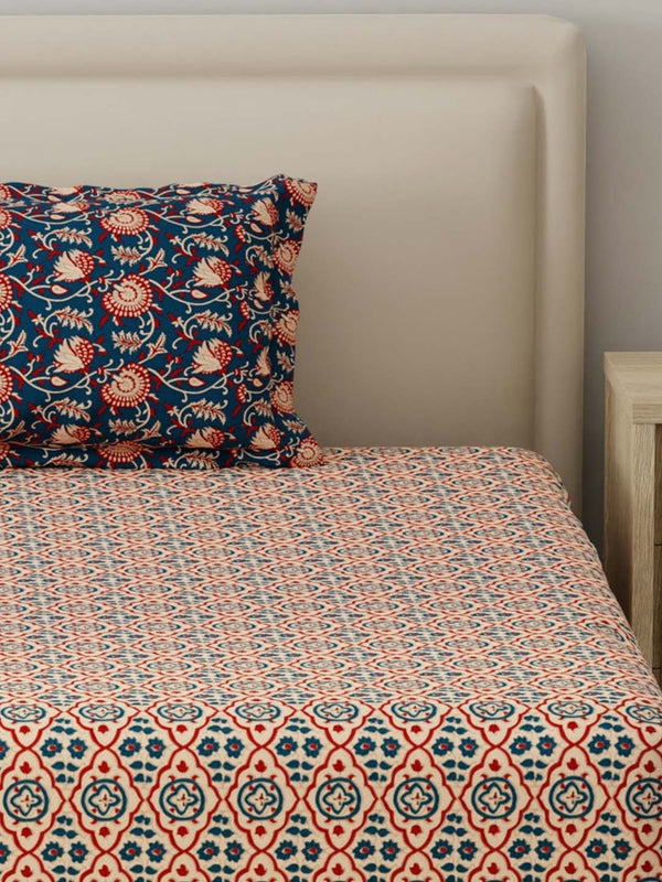 BasicX 100% Cotton 120 TC Blue Printed Single Bedsheet with 1 Pillow Cover