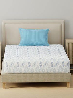 BasicX 100% Cotton 120 TC Blue Geometric Single Bedsheet with 1 Pillow Cover