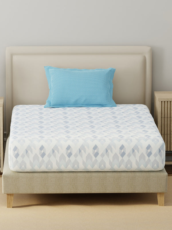 BasicX 100% Cotton 120 TC Blue Geometric Single Bedsheet with 1 Pillow Cover