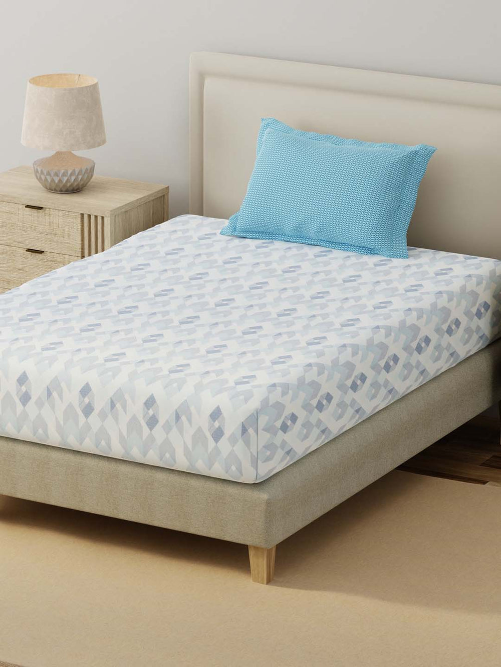BasicX 100% Cotton 120 TC Blue Geometric Single Bedsheet with 1 Pillow Cover