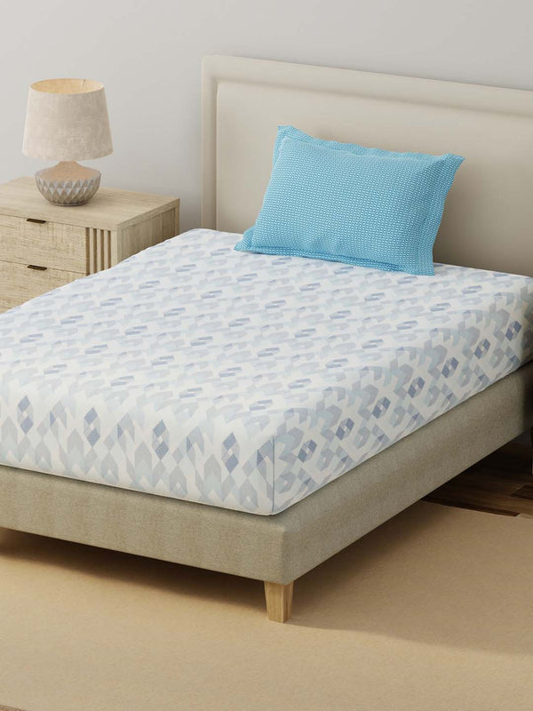 BasicX 100% Cotton 120 TC Blue Geometric Single Bedsheet with 1 Pillow Cover
