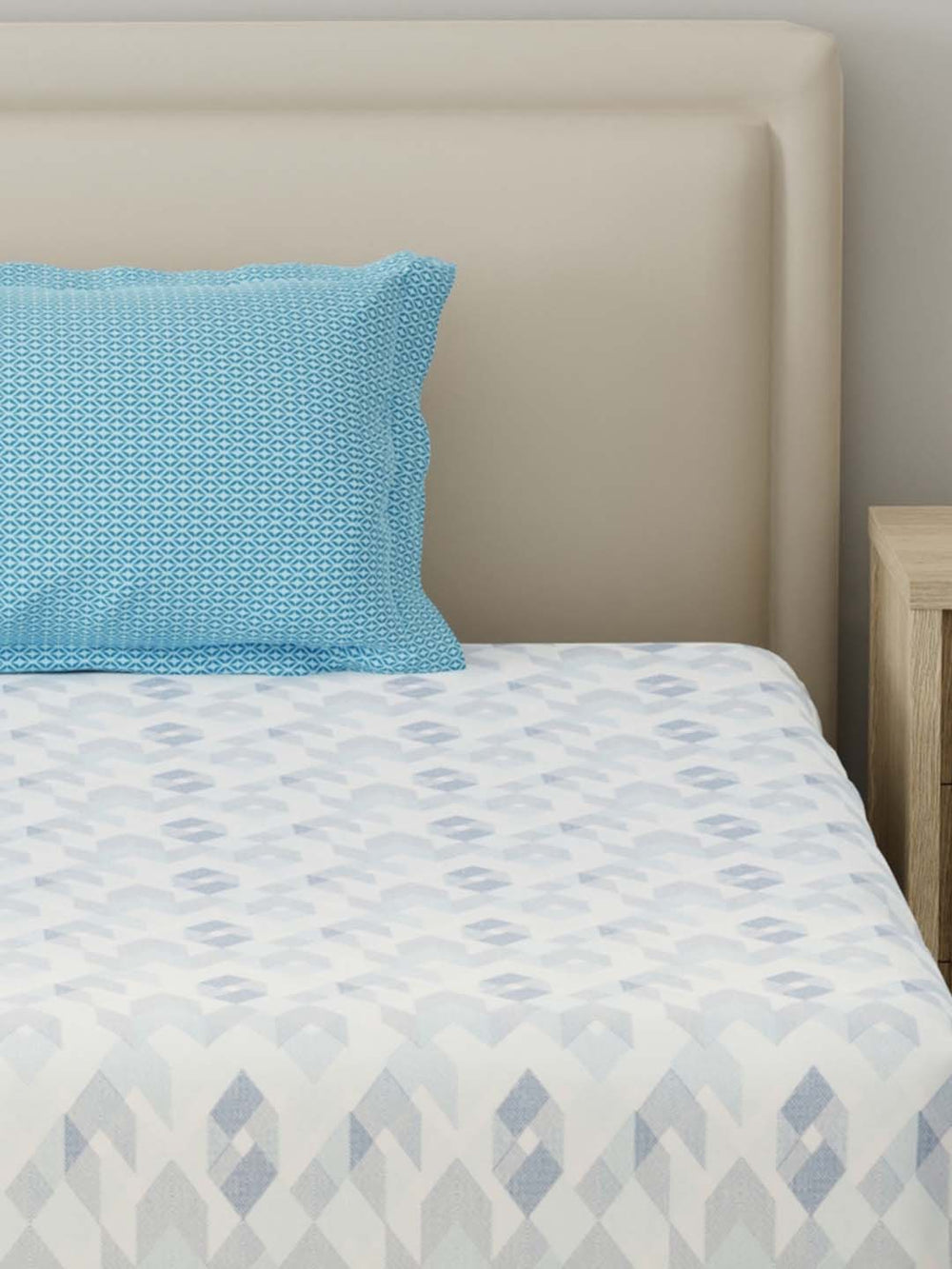BasicX 100% Cotton 120 TC Blue Geometric Single Bedsheet with 1 Pillow Cover