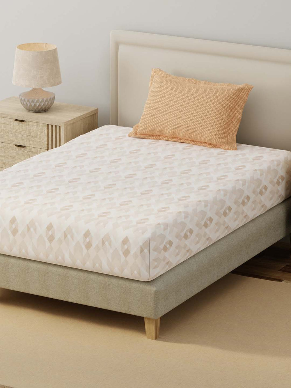 BasicX 100% Cotton 120 TC Cream Geometric Single Bedsheet with 1 Pillow Cover