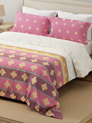Forever 100% Cotton 120 TC Pink & White Ethnic Print King Bedsheet with 2 Pillow Covers