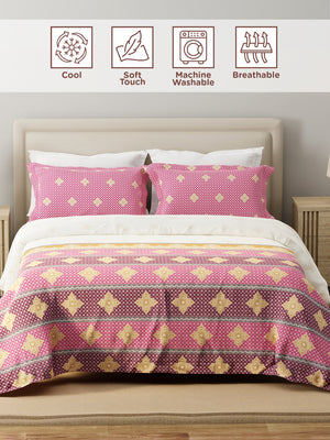 Forever 100% Cotton 120 TC Pink & White Ethnic Print King Bedsheet with 2 Pillow Covers