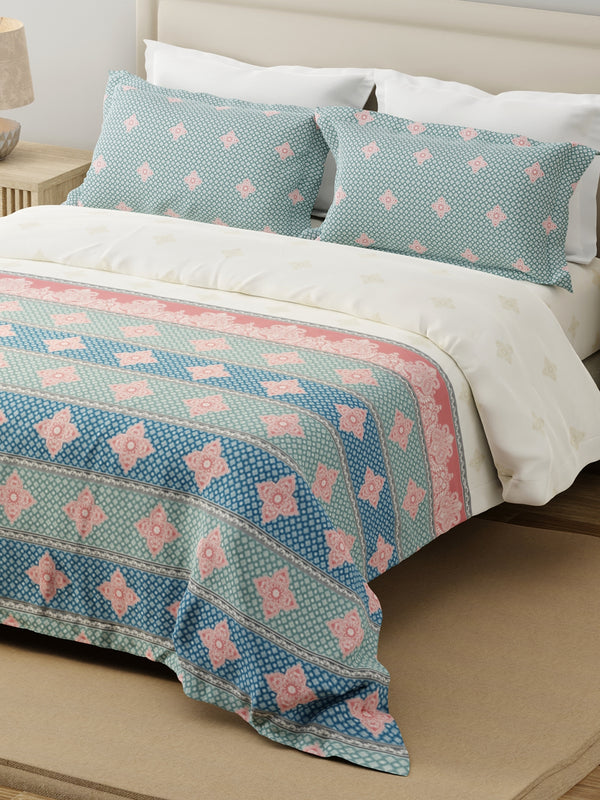 Forever 100% Cotton 120 TC Blue & White Ethnic Print King Bedsheet with 2 Pillow Covers