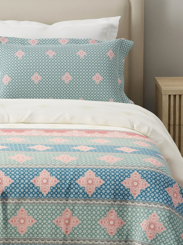 Forever 100% Cotton 120 TC Blue & White Ethnic Print King Bedsheet with 2 Pillow Covers