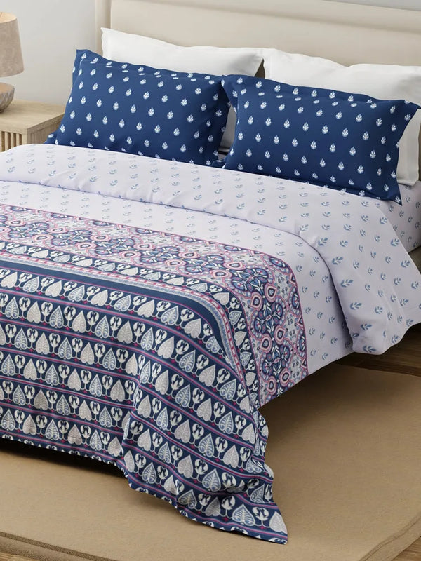 Forever 100% Cotton 120 TC White & Blue Ethnic Print King Bedsheet with 2 Pillow Covers