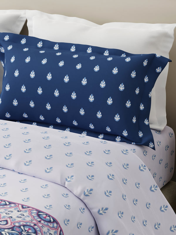 Forever 100% Cotton 120 TC White & Blue Ethnic Print King Bedsheet with 2 Pillow Covers