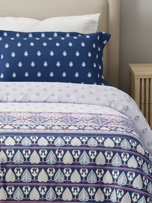Forever 100% Cotton 120 TC White & Blue Ethnic Print King Bedsheet with 2 Pillow Covers